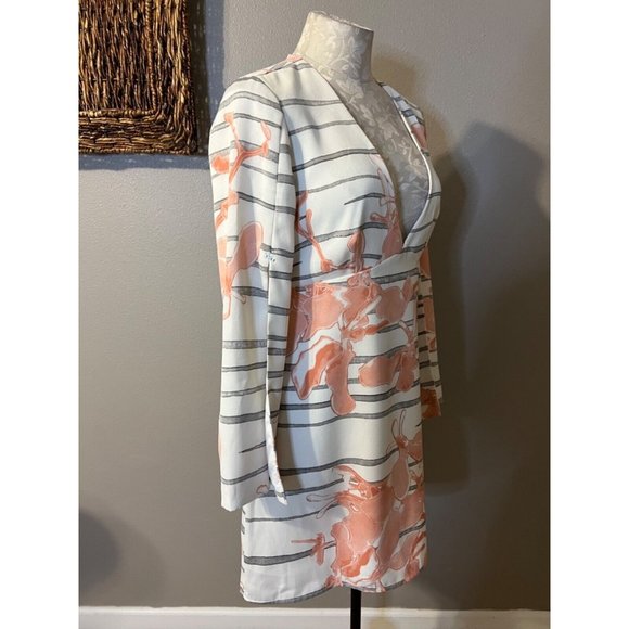 Halston Heritage Dress 6 Stretch Deep V Slit Sleeve Ivory Black Orange - Picture 4 of 8